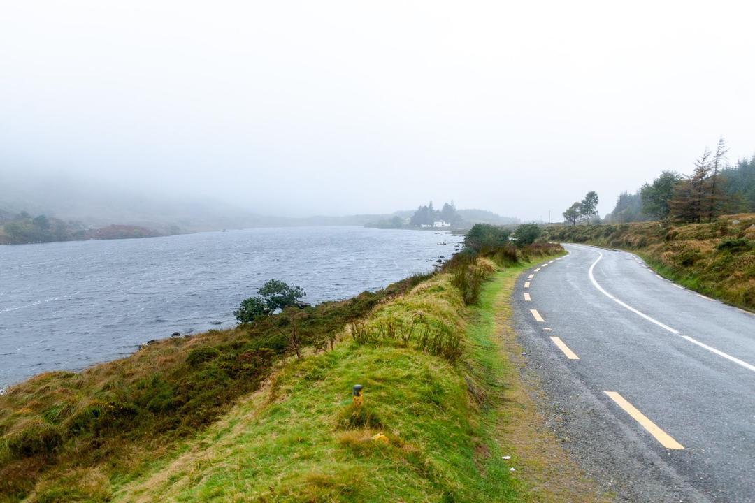 Blick von einer Straße auf grüne Flussufer in Irland